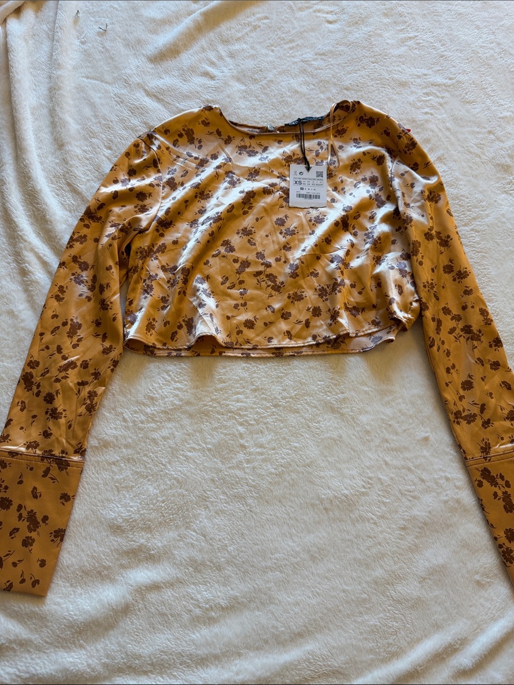 Zara Silky Mustard Floral Cute Long-Sleeve Crop Top